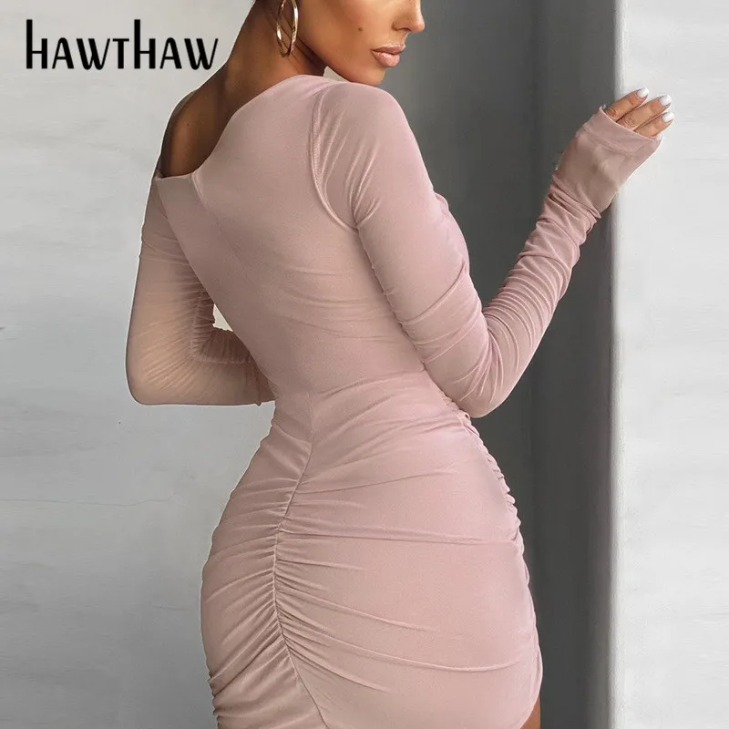 Hawthaw Sieviešu Pavasara Vasaras Garām Piedurknēm Pie Pleca Bodycon Kroku Redzēt Cauri Mini Kleita Ir 2021. Sieviešu Apģērbu Streetwear
