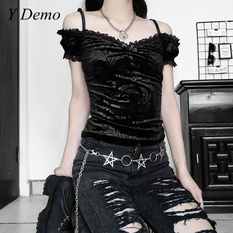Y Demo Gothic Rāpojošs Samtu, Mežģīnes T-krekls Gadījuma Lolita Slash Apkakli, Īsām Piedurknēm Melnā Sexy Harajuku Sieviešu New Tee