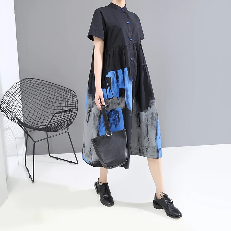 Korejiešu Stilā Sieviete Vasaras Black Vintage Krekls, Kleita Krāsots Dizains Drukāts Liela Izmēra Dāma Gadījuma Midi Kleita Retro Tērpu Femme 6125