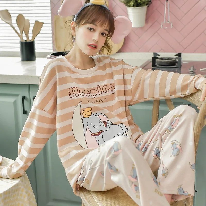 Svītru Āra Divdaļīga Nightdress Pidžamas Komplekti Ērti Sieviešu Sleepwear Long Piedurknēm Tērpi Sieviete Karikatūra Apaļu Kakla Jauki