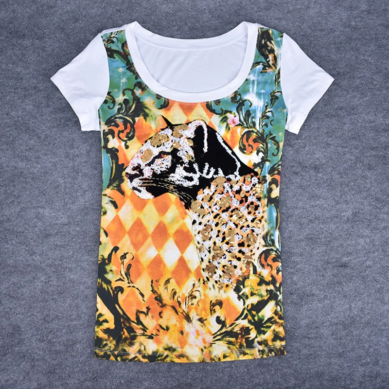 Lielākā daļa Tonnu Sequined Tiger Drukāt Flocking Dizaina 2016. Gadam Jaunu Vasaras Tee Krekls Topi, t-veida Modes Sievišķīgi T-krekli, Topi Harajuku