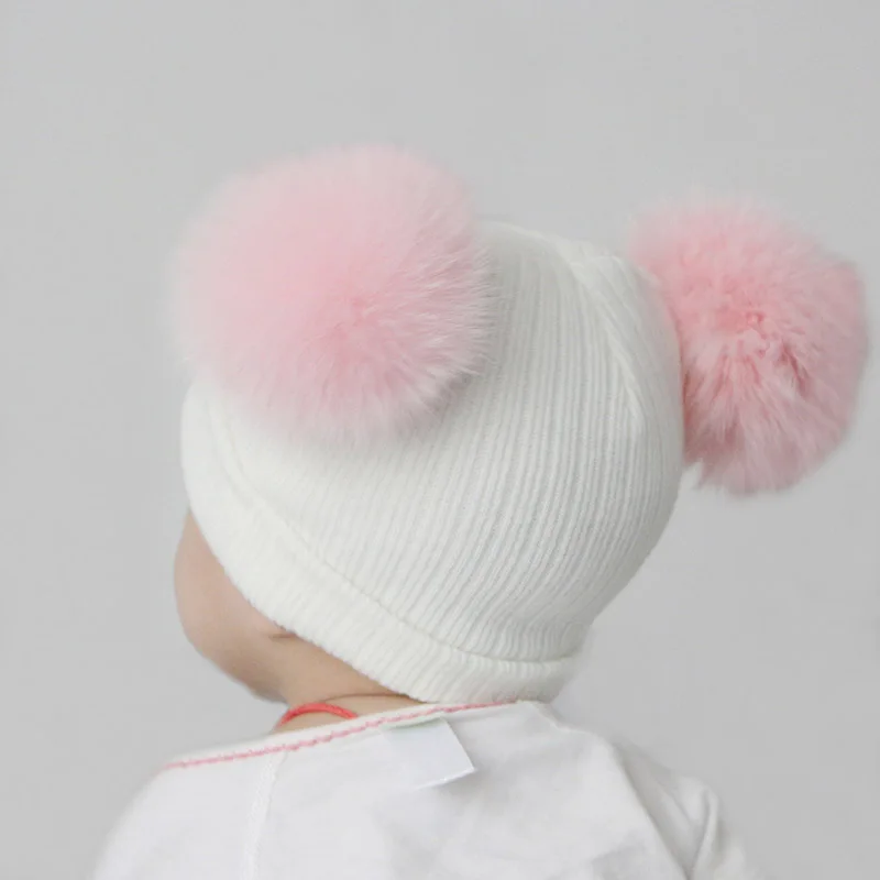 2016 Jaunu Cute Baby Meitenes Zēni Beanie Kokvilnas Ziemas Cepures Ar 2 Real Fox Kažokādas Pompom Bērniem Beanies Ziemas Adītas Bērnu Custome Vāciņi