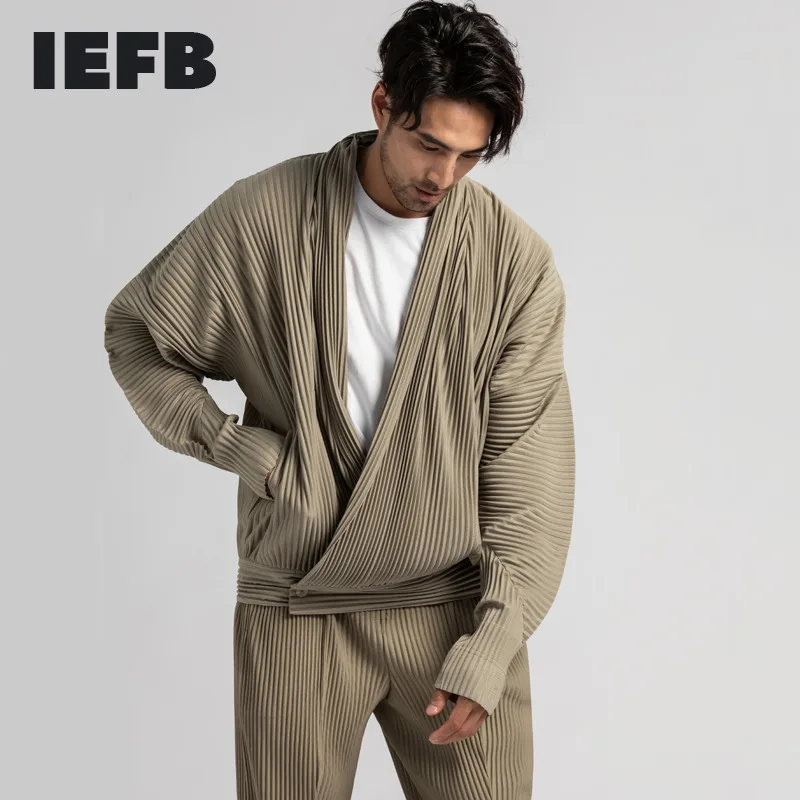 IEFB /vīriešu apģērbi kroku drēbes Japāņu reizes audumu puses-rieva, kas pārklājas, V apkakles īss stila lielajam mētelis, vīriešu JL109