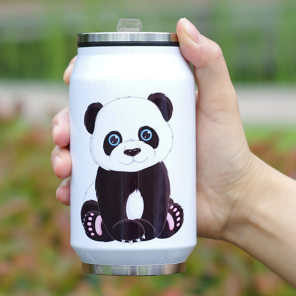 Gudrs Panda Drukāšanas Nerūsējošā Tērauda Vakuuma Izolētas Ūdens Pudele | hermētiskam Dubultu Sienu Cola Formas Ūdens Var ar Salmiņu