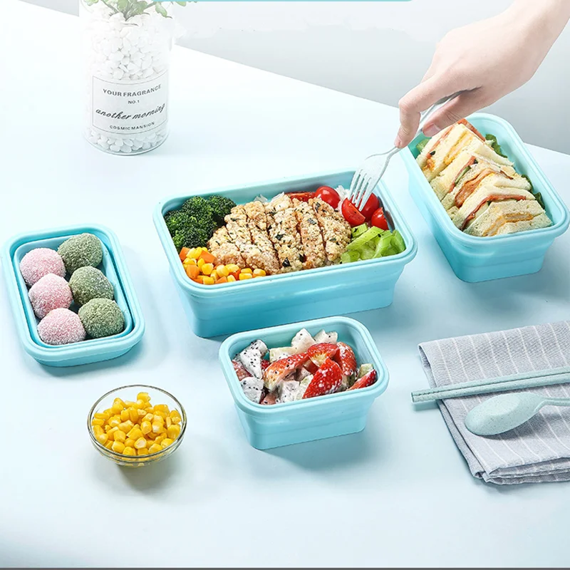 Silikona Paaugstināma Pusdienas Kaste Locīšanas Bļodā Portatīvo Pārtikas Konteiners Lunchbox Salātu Bļodā ar Vāku Virtuves Rīki Mikroviļņu Bento Kaste