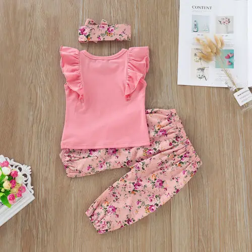 Citgeett Vasaras Jaundzimušais Mazulis Baby Girl Apģērbu 3pcs Apģērbs Savirmot Rozā Tops T Krekls Ziedu Bikses Apģērbu Komplekts