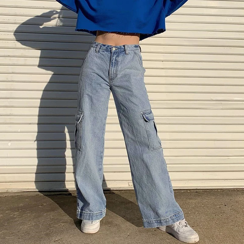 Jauno Modes Kabatas Raibs Augsta Vidukļa Džinsus Dāmas Streetwear Taisnu Kāju Džinsi Sievietēm Zilas Kokvilnas Kravas Bikses