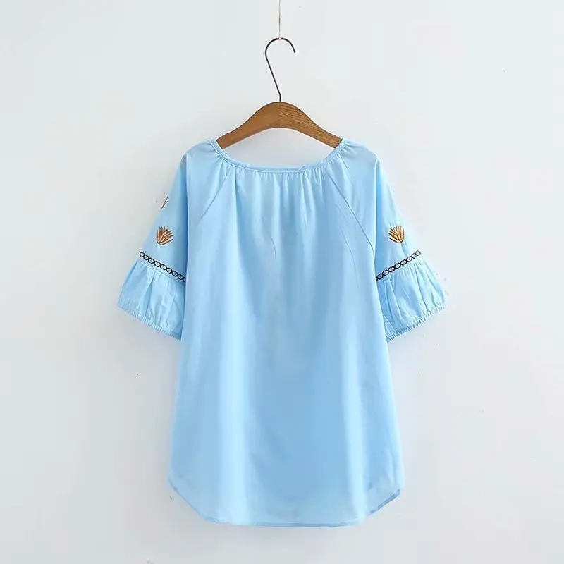 Izšūti Sieviešu Krekls Vasaras Topi Ziedu zilā Slim kokvilnas, linu Blūze Zīmola Kvalitāti Plus Lieluma Gadījuma Priekšgala Pusē Piedurknēm Krekls