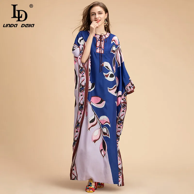 LD LINDA DELLA Modes Dizainera Plus Lieluma Zaudēt Garās Kleitas Sievietēm Plats Piedurkņu Ģeometrija Ziedu Drukāt Vintage Maxi Kleita 2020
