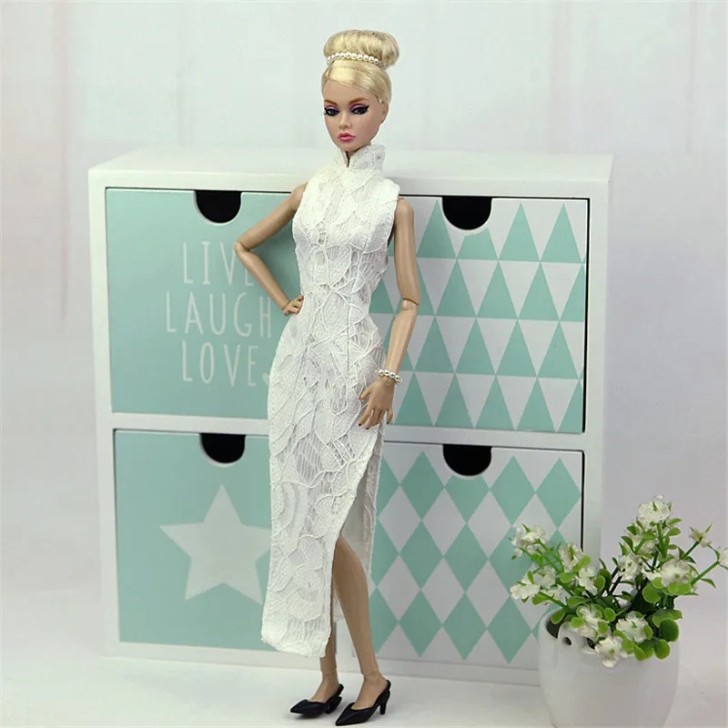 Elegants Balts Qipao Kleita Apģērbs Komplekts Barbie 1/6 30cm BJD FR Leļļu Apģērbs Aksesuāri Spēlēt Māja Mērci uz Augšu, Rotaļlietas, Dāvanu