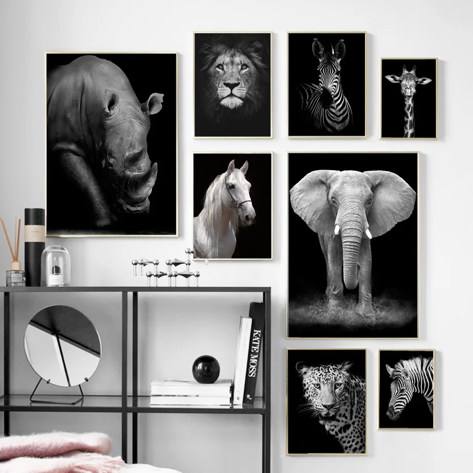 Melna Balta Dzīvniekiem, Žirafe, Lauva Zebra Sienas Mākslas Audekls Gleznošanai Ziemeļvalstu Plakāti Un Izdrukas Sienas, attēlus Dzīvojamā Istaba Dekori