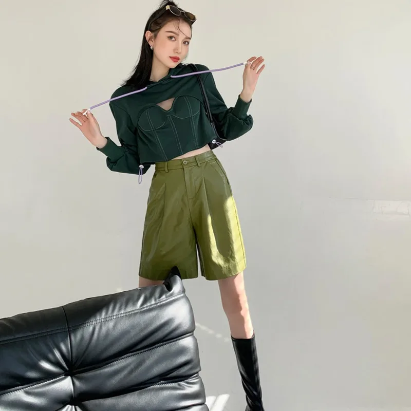 LANMREM 2021. gada Rudenī Dobi No Kapuces Apkakles Aukliņu Zaudēt Īsā garām piedurknēm Streetwear Zaļš Krekls Sievietēm 2A2724