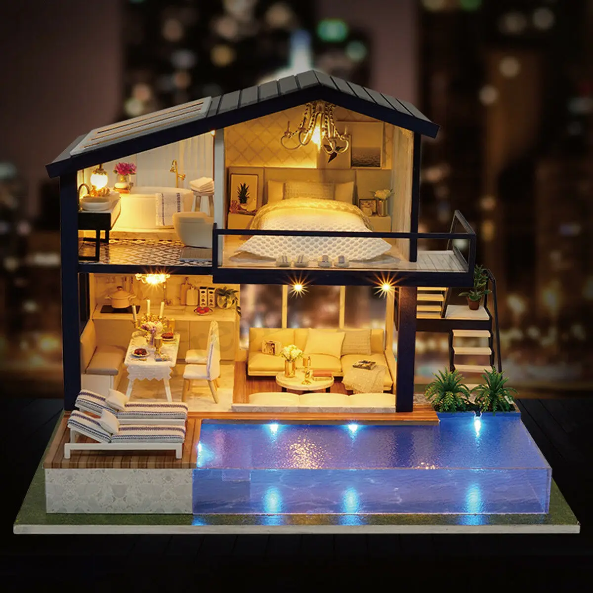 29*24*21.5 cm DIY LED Loft Apartments Namiņš Miniatūras Koka Mēbeles Komplekts Leļļu Nams Rotaļlieta Divām Montāžas Grūtības Līmeni