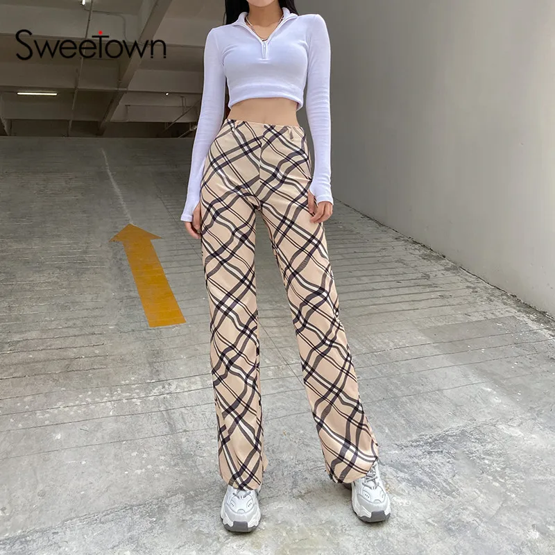 Sweetown 2020. gada Rudenī Līkne Svītru Taisnas Bikses Sievietēm Anglijas Preppy Stils Y2K Streetwear Gadījuma Kabatas Augstas Starām. Joggers