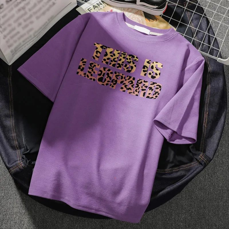 Vasaras Leopard Vēstuli Iespiesti Sieviešu T-krekli, O-veida Kakla Īsām Piedurknēm, Sieviešu t-veida Topi Ir 2021. Harajuku Gadījuma Zaudēt Dāmu T-krekls