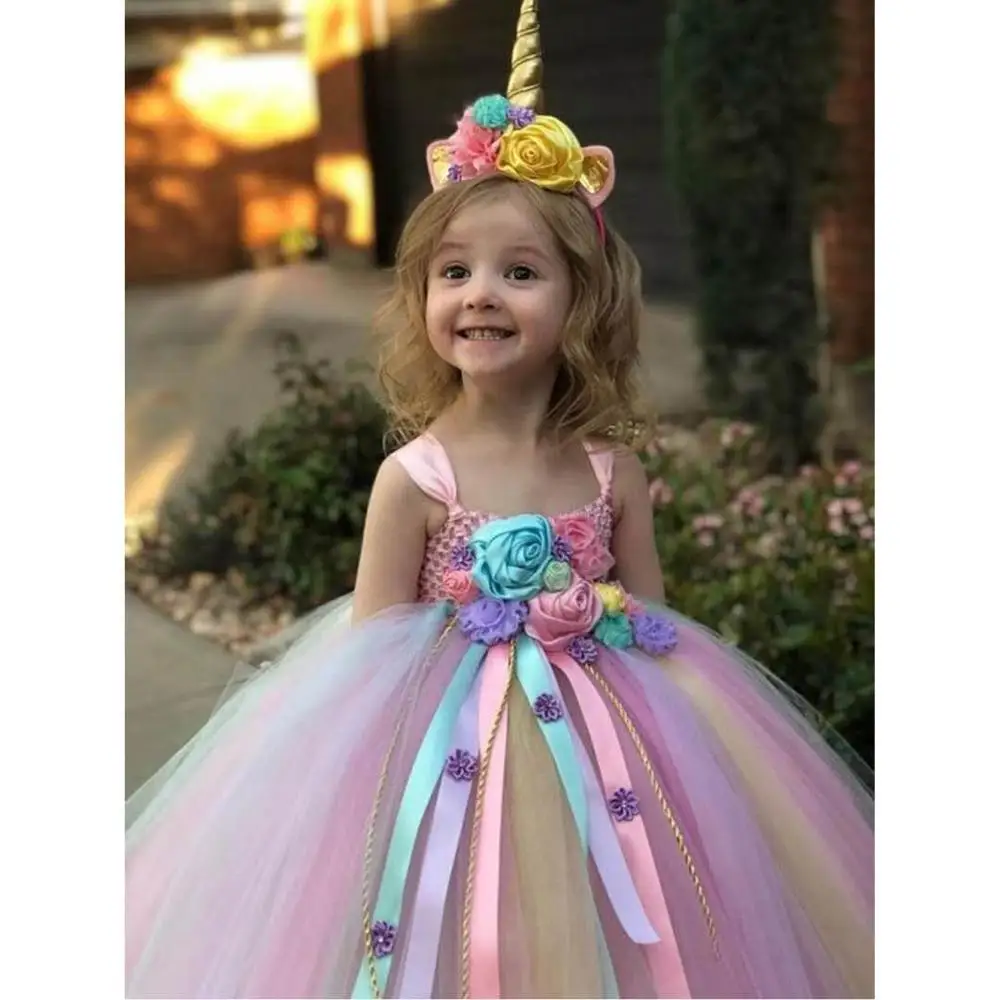 Jauki meitene, gara kleita Unicorn matu joslā ziedu kleita princese, dzimšanas dienas svinības kleitas, vakara kleitas, Kāzu, Dzimšanas dienu un neto dzijas