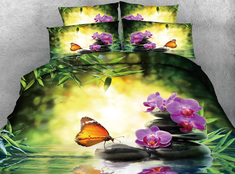 Skaisti pavasara vasaras ainava gultas komplekti bambusa oļu akmeņiem krastmalā duvet cover set Digitālā druka karaliene lapa laivu veļa