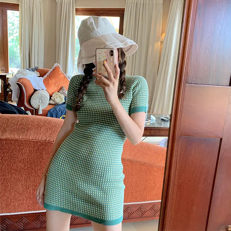 Korejas Trikotāžas Pārsējs Sieviešu Kleita Ir 2021. Vasaras Saspringts Taisni Sieviešu Kleitas O-veida kakla Īsām Piedurknēm Sexy Sweet Dāmas Drēbes