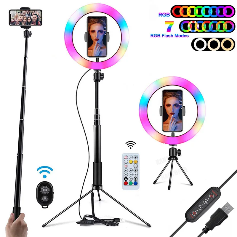 10 collu RGB Gaismas Gredzenu Ar Statīvu Tālrunis Klipu Selfie Krāsaina Fotogrāfija Apgaismojums Studio Vlogging YouTube Īsu Video Live