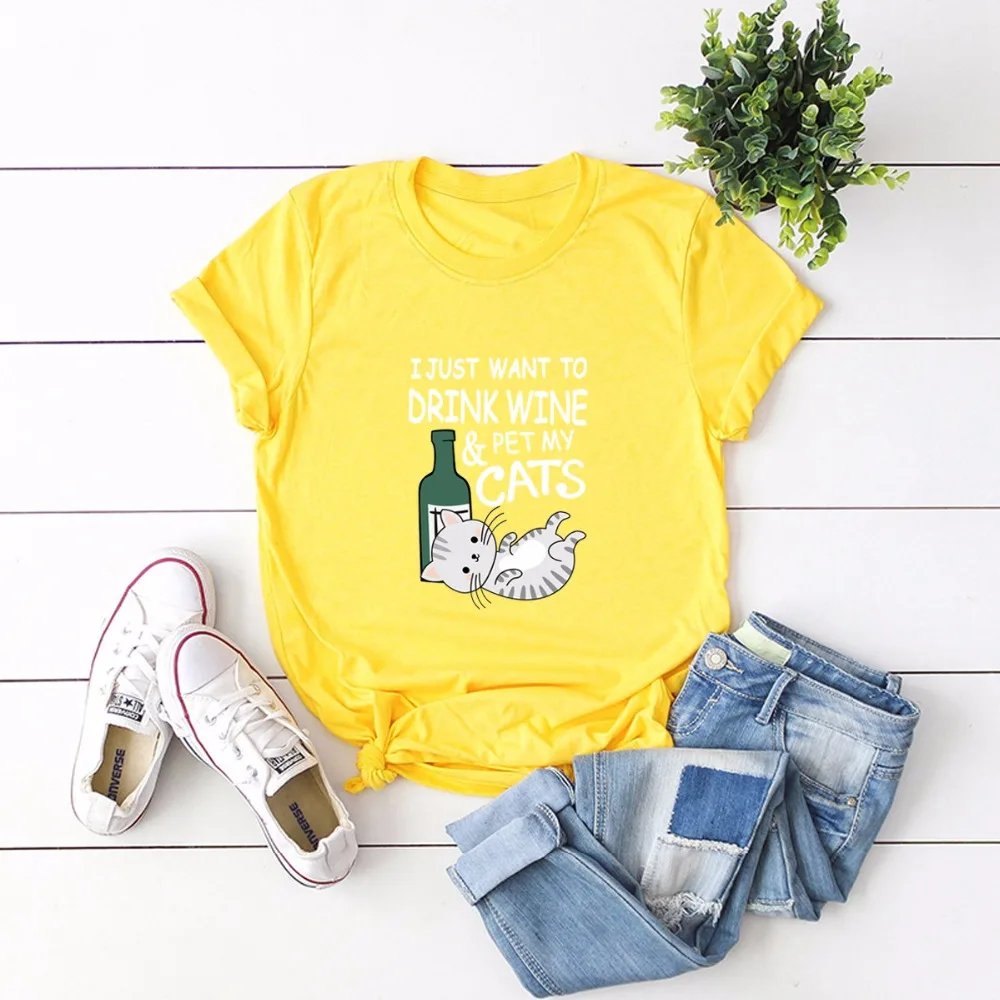 Plus lieluma 2019 Jauno Vasaras Piedzēries karikatūra kaķis Print T-krekls Sievietēm Smieklīgi modes Tshirt Īsām Piedurknēm Liela izmēra Gadījuma Meitene, Topi, t-veida