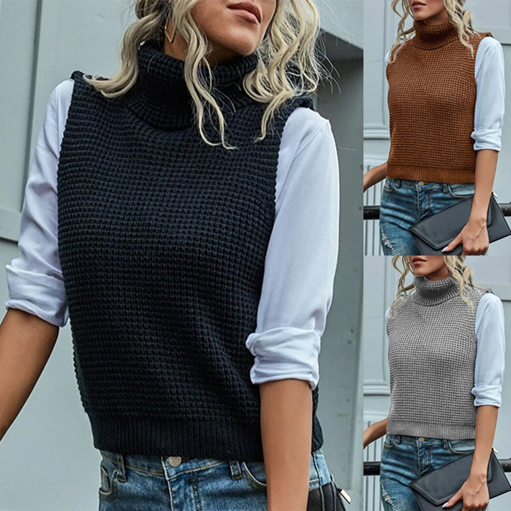 Sievietes ir 2021. Salds veste Modes Trikotāžas Apgriezts Veste Vintage Džemperis ar Augstu Apkakli, bez Piedurknēm, Sieviešu Veste Šiks Topi