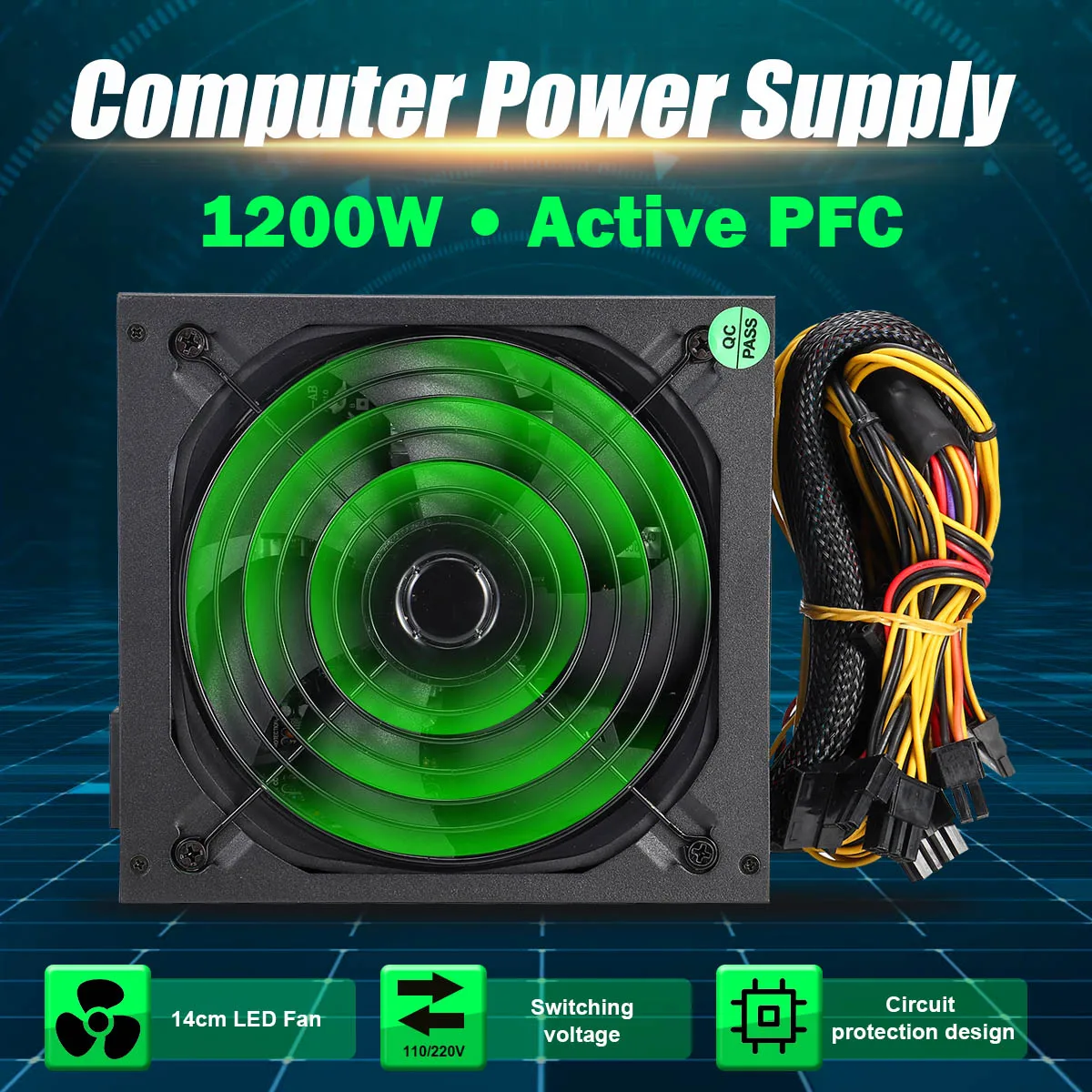 1200W PFC PC Barošanas 140mm Kluss LED Ventilatoru 24 Pin PCI SATA PSU 6Pin 4Pin ATX 12V Datora Barošanas