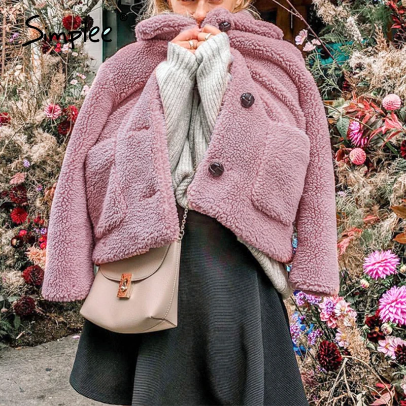 Simplee Elegants sieviešu rozā mākslīgās kažokādas mētelis Rudens ziemas mīksta sieviešu jaka, mētelis ar garām piedurknēm gadījuma bieza outwear dāmas mētelis