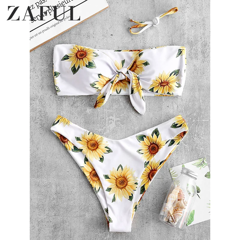 ZAFUL Saulespuķu Drukāt Mezgls Lenta Bikini Komplekts 2019 Strapless Bezmaksas Vadu Peldēties Uzvalku Ziedu peldkostīms Sievietēm Vasarā Gudrs Peldkostīmi