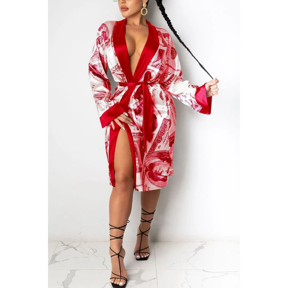 Seksīga Sieviešu Satīna Drēbes Moderns Dolāru Drukāšanas garām Piedurknēm, V veida Kakla Zīdaini Peldmētelis Kimono Sleepwear ar Jostu