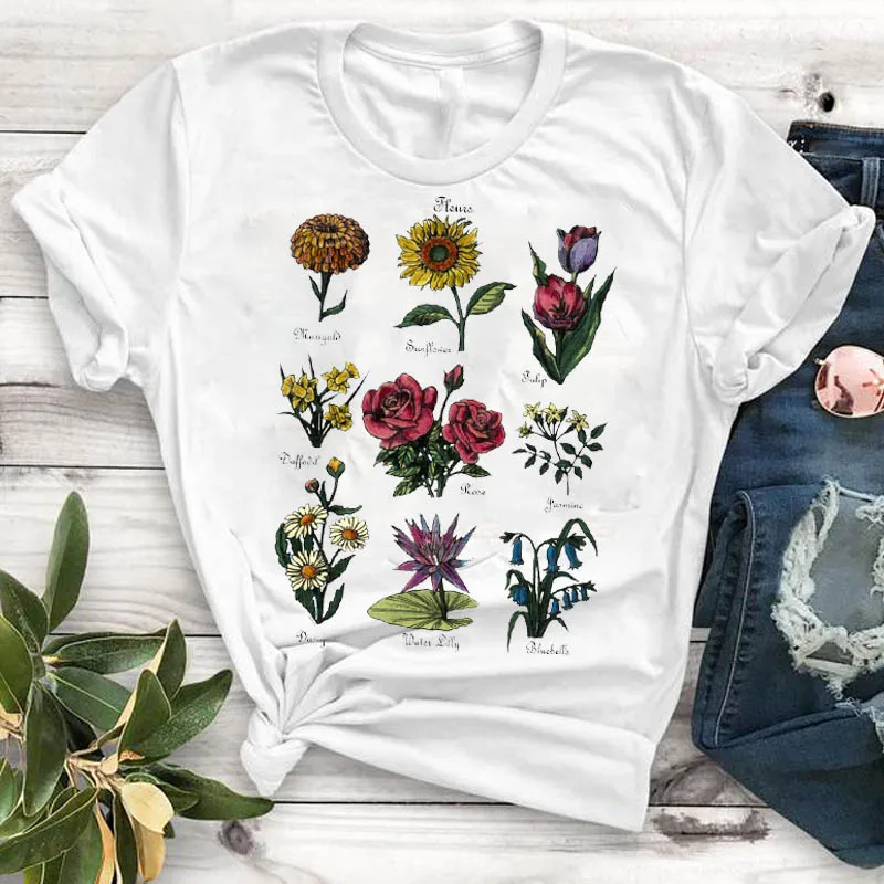 Modes Ziedu, Augu Vasaras Sieviešu Apģērbu Druka T Kreklu, Sieviešu T Sievietēm Tee Top Grafiskais Kawaii Camisas Mujer Tees T-krekls