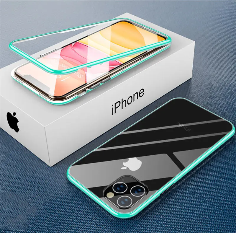 Magnētiskā Adsorbcijas Tālrunis Lietā Par iPhone 11 11 Pro Max XR XS Max X 8 7 6 6S Plus Candy Krāsas Metāla Rāmis, Stikla Atpakaļ uz Capa