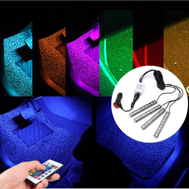 4gab/set LED RGB Automašīnas salona Atmosfērā Strip Gaismas Svītra, Grīdas, Kāju Lentes RGB Dekoratīvās Gaismas Vairākus apgaismojums+RF Controler