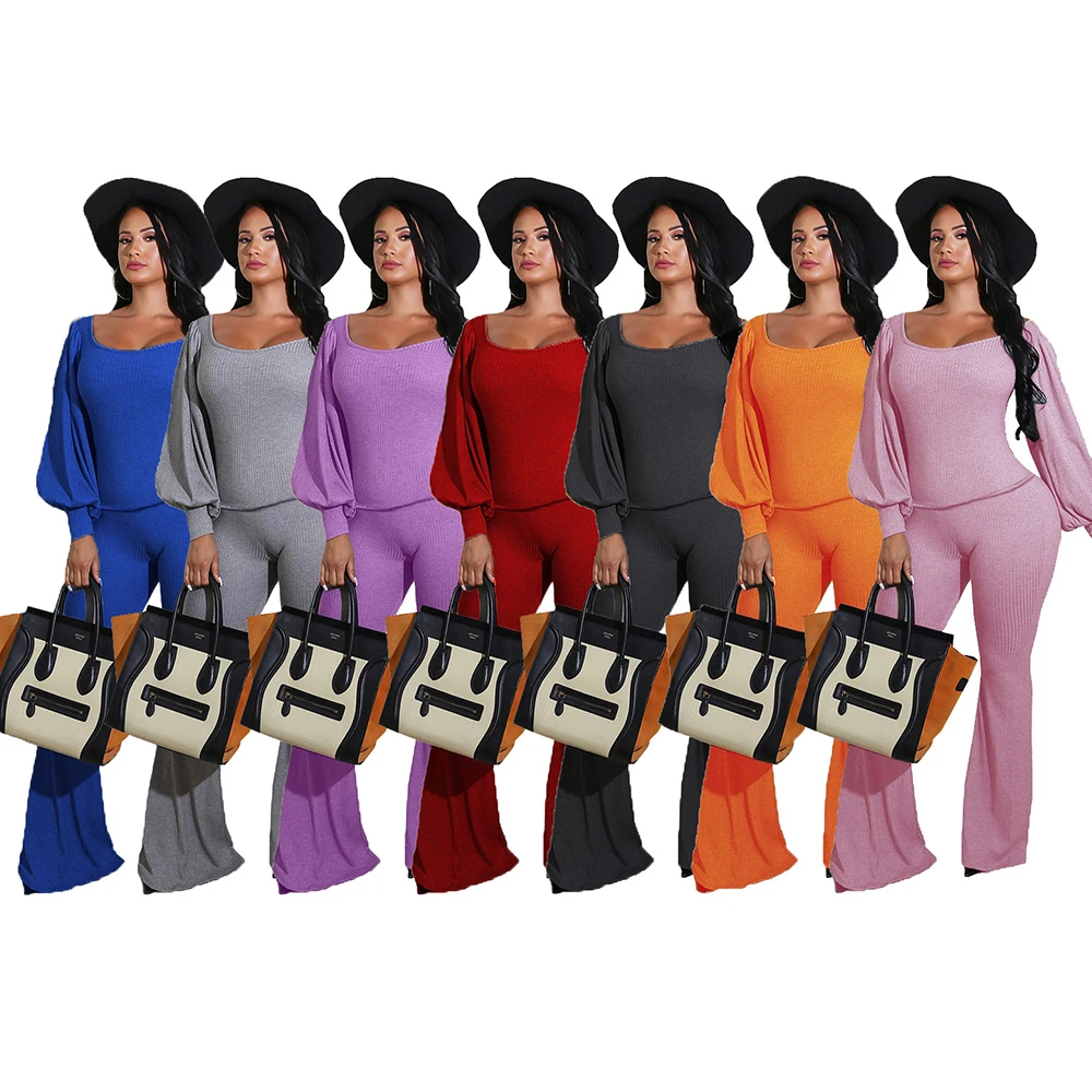 Modes Biroja Dāma Cietā Salātu Adīts Divas Gabals, kas Sieviešu Ikdienas Ielas Laternas Piedurknēm Augšu un Plaša Kāju Bikses, Sieviešu Apģērbs