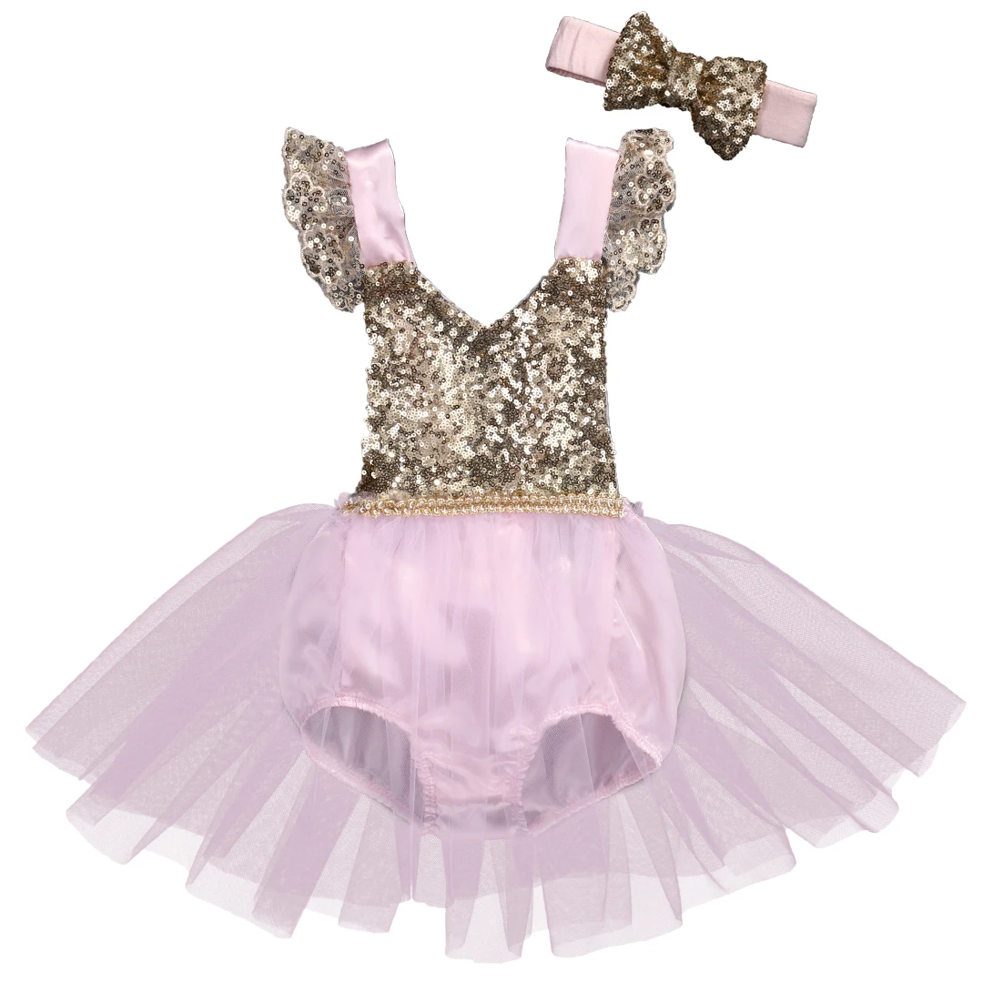 Vasara Zīdainis, Mazulis Meitenes Apģērbu Vizuļi Princese Romper Mežģīnes Puse Tutu Ziedu Jumpsuit +Galvas 2gab Sunsuit Apģērbi