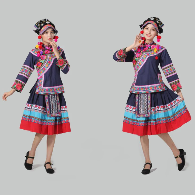 Ķīniešu etniskās Apģērbu zilā Hmong Miao kostīmu izšūti Valsts Deju skatuves valkāt austrumu festivāls darbības kostīmi