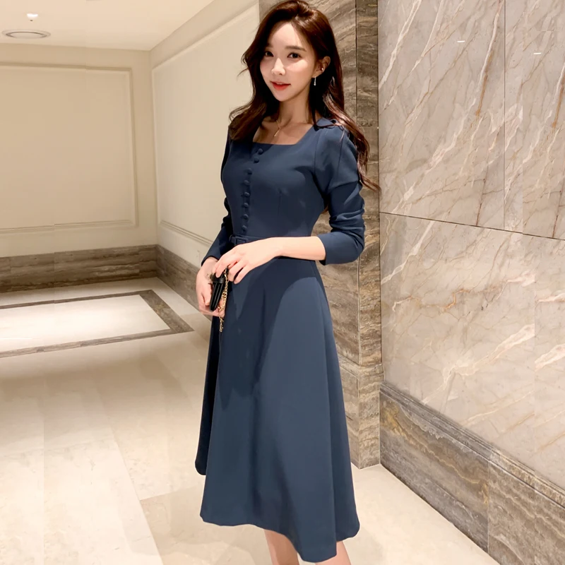 2020. gada Pavasara korejas Modes-line Kroku Kleita Sievietēm ar garām Piedurknēm Laukumā Apkakles Siksnas Birojs Modes Elegants Kleitas Vestidos
