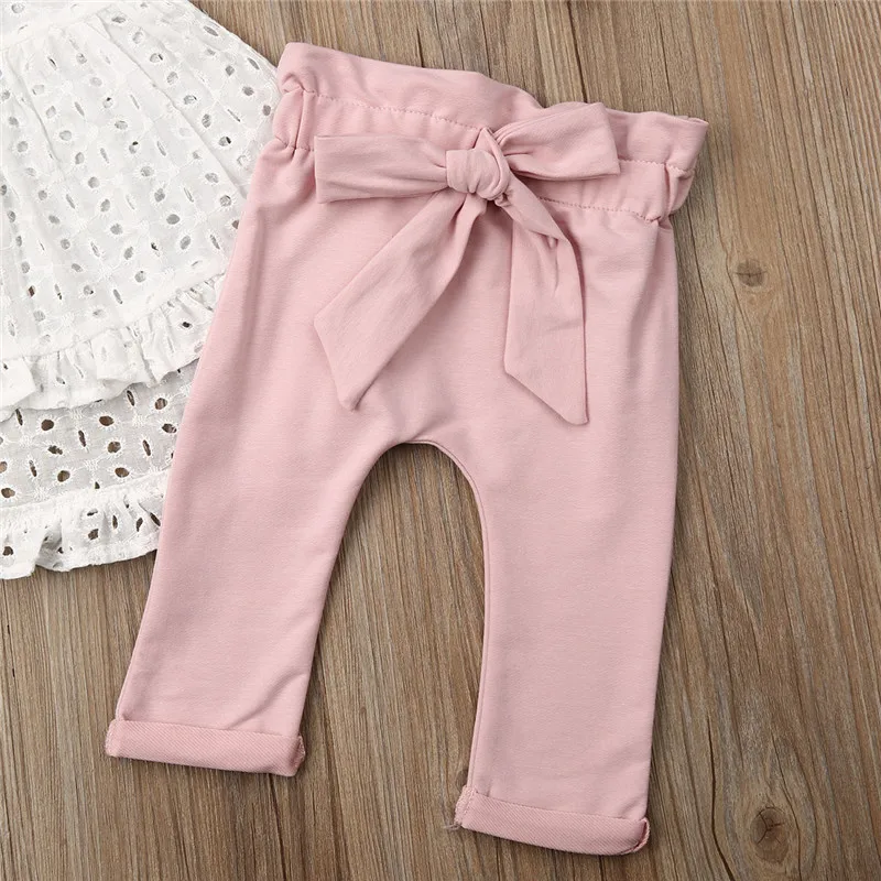 0-24 Jaundzimušā Apģērbu 2019 Rudens Bērns Meitenes Apģērbu Komplekts Baltā krāsā Lave Tops Rozā Bikses Galvassegu Zīdaiņu 3pcs Set Baby Meiteņu Tērpiem