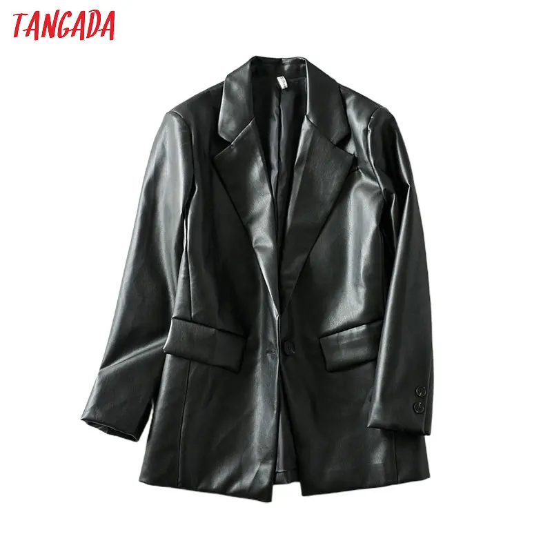 Tangada sievietes melna mākslīgās ādas sieviešu žakete ar garām piedurknēm, elegants jaka dāmas ikdienas žakete tērpi 6A41