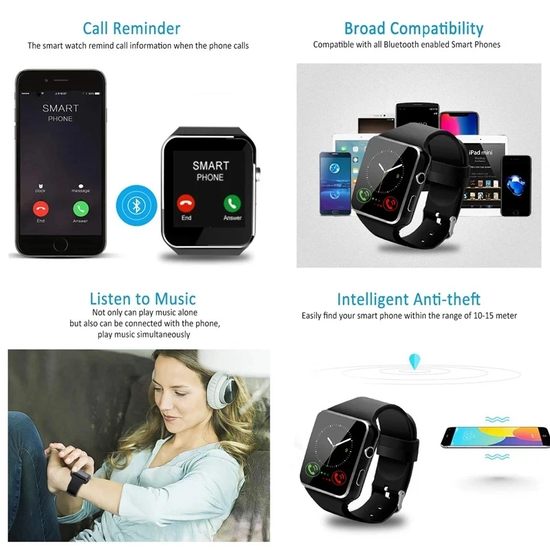 X6 Smart Skatīties Ar Kameru, SIM TF Kartes Pedometrs Fitnesa Tracker Bluetooth Pulksteņu Android, IOS Huawei Xiaomi Tālrunis Skatīties