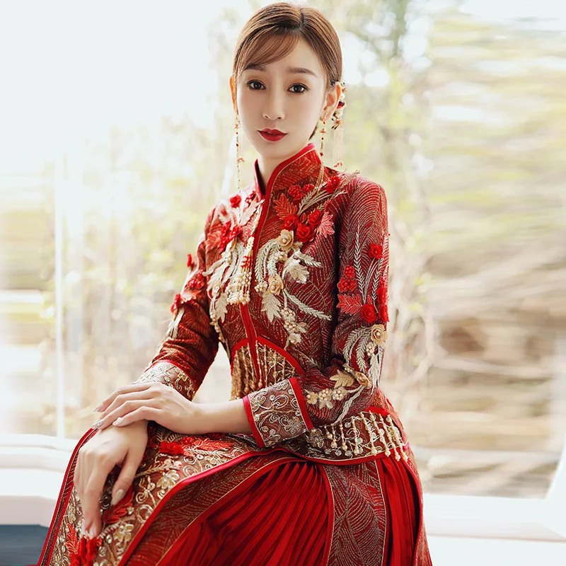 FZSLCYIYI Fāzēm, Izšuvumus, Aplikācijas Formālu Kleita Royal Kāzu Cheongsam Līgava Vintage Ķīniešu Tradicionālās Tang Uzvalks Qipao
