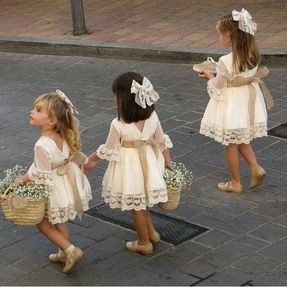 Pavasara Meitenes, Līgavas Baltā Kleita Baby Toddler Bērniem Pusgarās Modes Pusei Mežģīnes Garām Piedurknēm Loku Kāzu Princese Kleitas