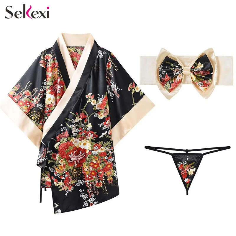 Sekexi Sievietes Sexy Iespiesti Kimono Apakšveļa Japānas Stila Ziedu Kimono Kleita Satīna Zīda Jaku Sleepwear Peldēšanās Tērpu Naktskrekls