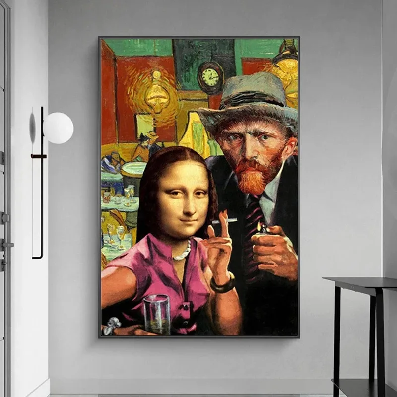 Smieklīgi Sienas Mākslas Mona Lisa un Van Goga Smēķēšanas Audekla, Gleznas, Mākslas Plakāti un Izdrukas Da Vinči Slavenās Gleznas Dzīvojamā Istaba