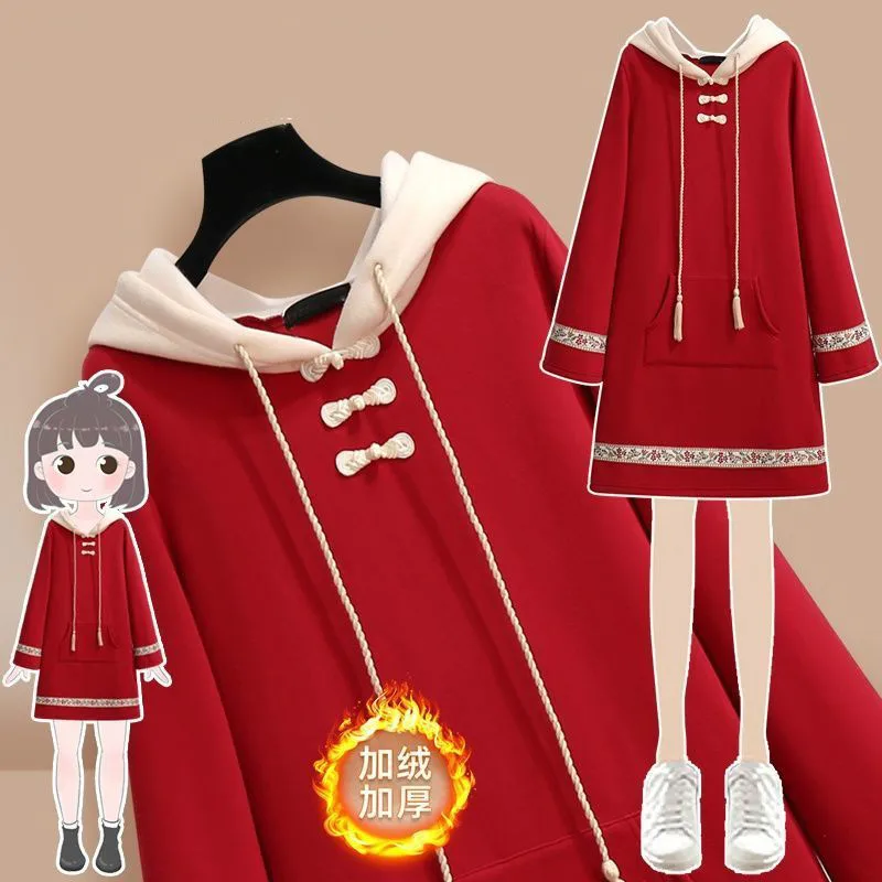Pavasara Vidēja garuma Krekls Plus Samta Sieviešu Vestidos Rudens Drēbes Sabiezējumu Ķīniešu Tradicionālā Stilā Jaunu Hanfu Sarkana Kleita