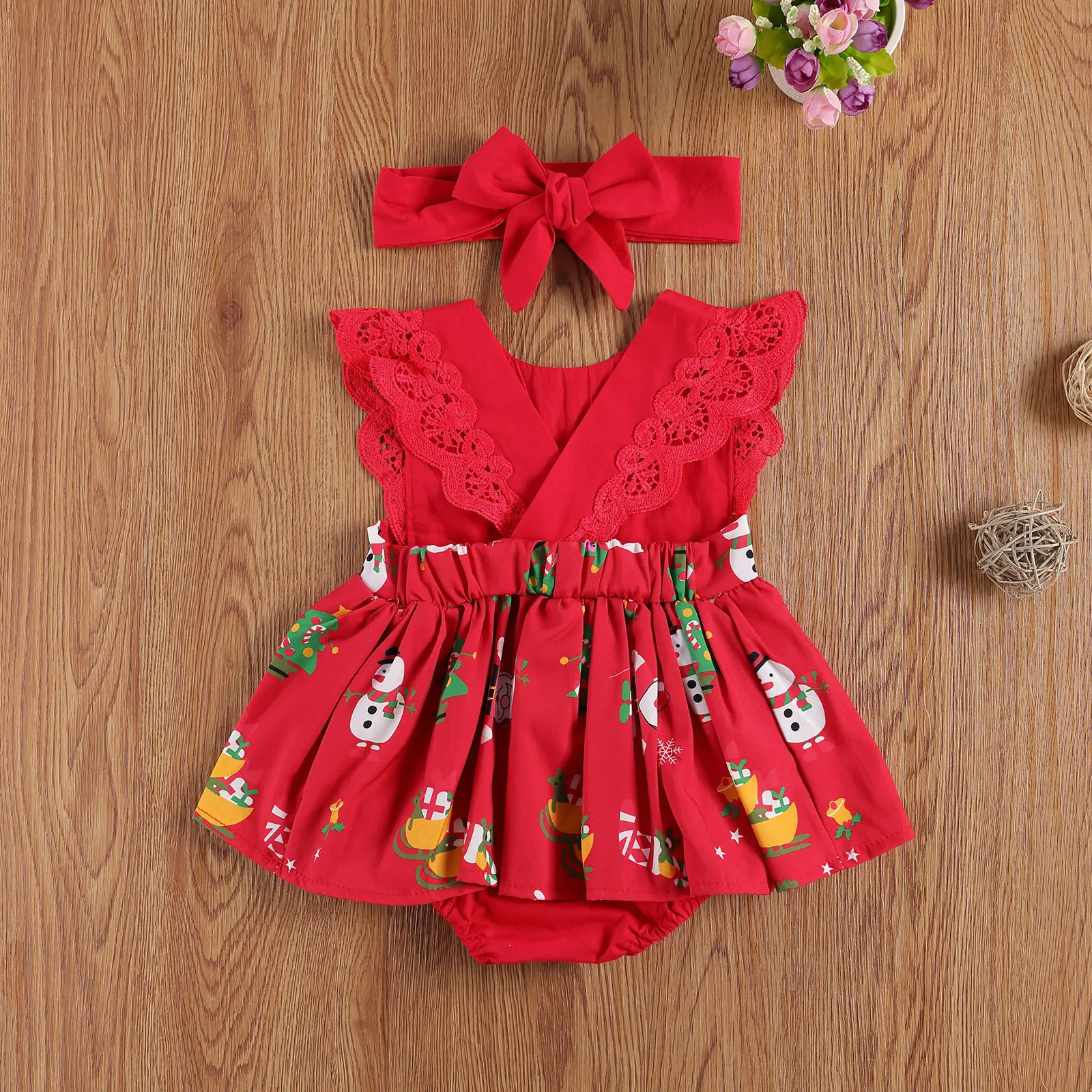 Emmababy Ziemassvētku Jaundzimušais Meitene Drēbes Santa Drukāt bez Piedurknēm Mežģīņu Plecu Tutu Romper Jumpsuit Galvu Tērpiem 0-24M